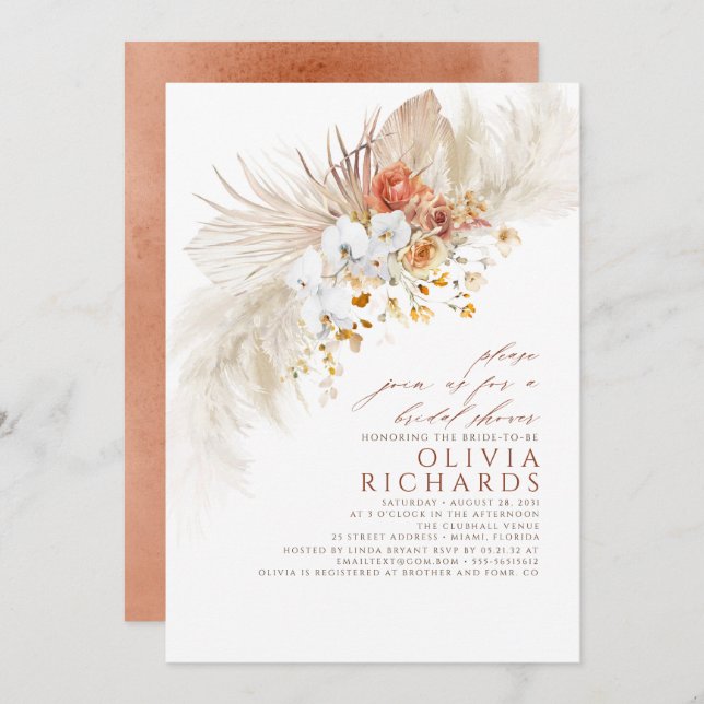 Terracotta White Flowers Boho Bridal Shower Invitation (Front/Back)