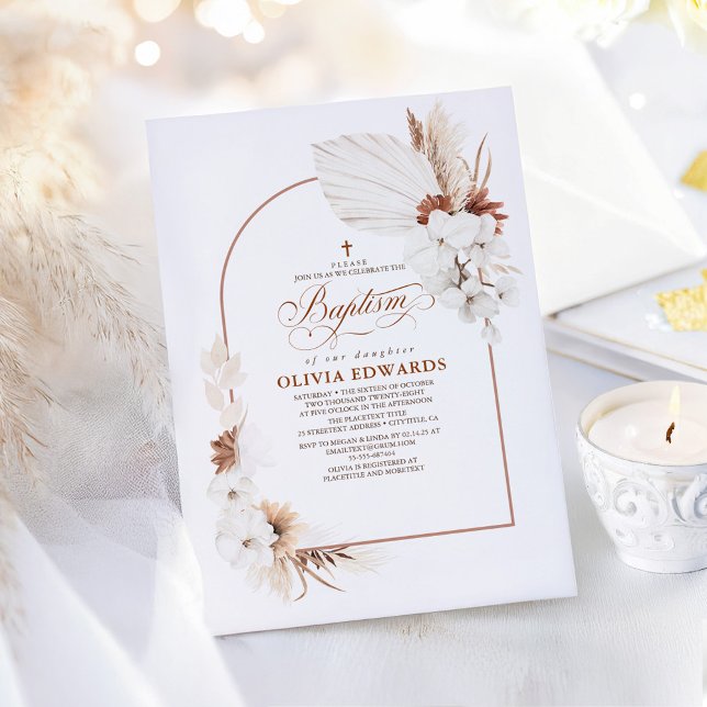 Terracotta White Flowers Boho Chic Baptism Invitation (Boho Terracotta Floral Arch Baptism Invitations)