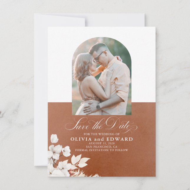 Terracotta White Flowers Boho Save the Date Photo (Front)