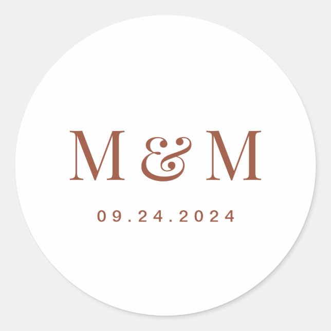 Terracotta & White Monogram Typography Wedding Classic Round Sticker (Front)