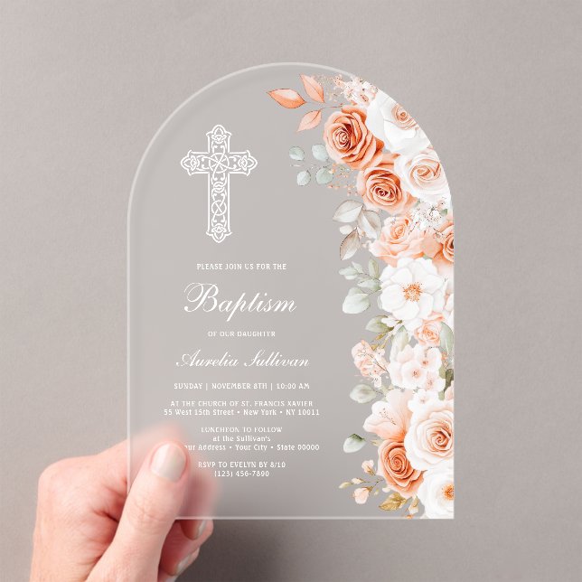 Terracotta White Roses Arch Baptism Acrylic Invitations (Insitu (Handheld))
