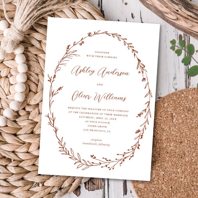 Terracotta White Rustic Wildflower Wreath Wedding Invitation (Creator Uploaded)