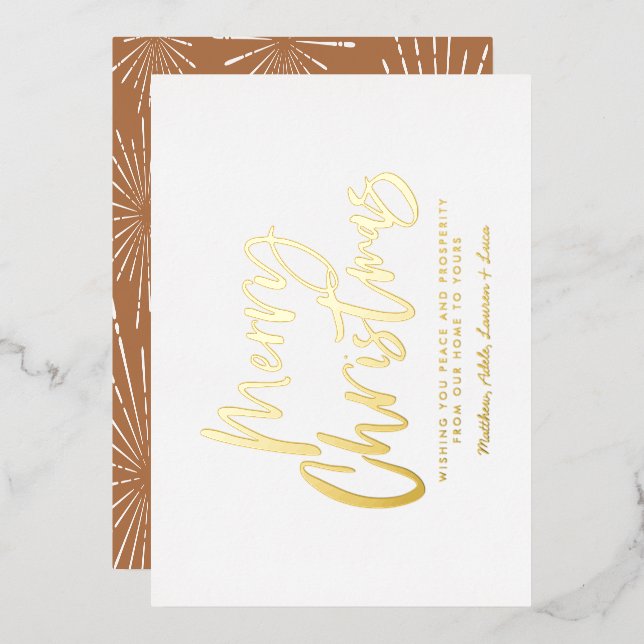 terracotta white script merry Christmas non photo Foil Holiday Card (Front/Back)