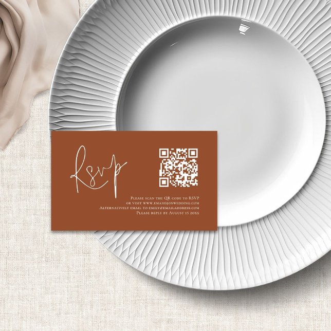 Terracotta White Script QR Code Wedding RSVP  Enclosure Card (Creator Uploaded)