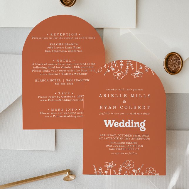 Terracotta White Wildflower Front & Back Wedding  Invitation (Creator Uploaded)