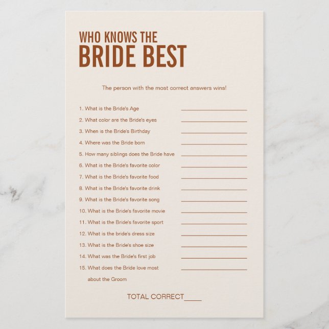 Terracotta Who Knows The Bride Bridal Shower Game (Front)