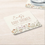 Terracotta Wildflower Boho Baby Shower In Bloom Square Paper Coaster<br><div class="desc">Looking for the perfect napkins to elevate your wildflower boho baby shower decor? Look no further than these gorgeous and whimsical napkins! Made from high-quality materials and featuring a beautiful wildflower print, these napkins are sure to impress your guests. With their bohemian-inspired design and soft, delicate colours, these napkins are...</div>