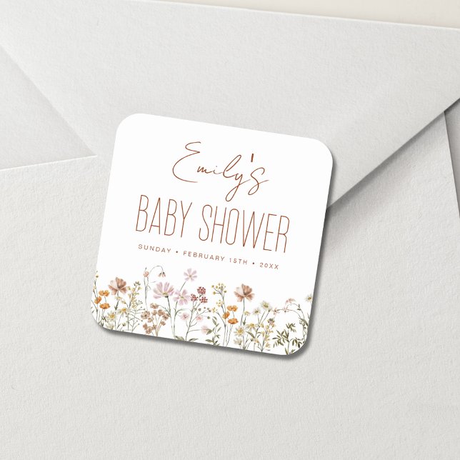Terracotta Wildflower Boho Baby Shower In Bloom Square Sticker (Creator Uploaded)