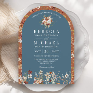 Terracotta Wildflower Dusty Blue Arch Wedding Invitation