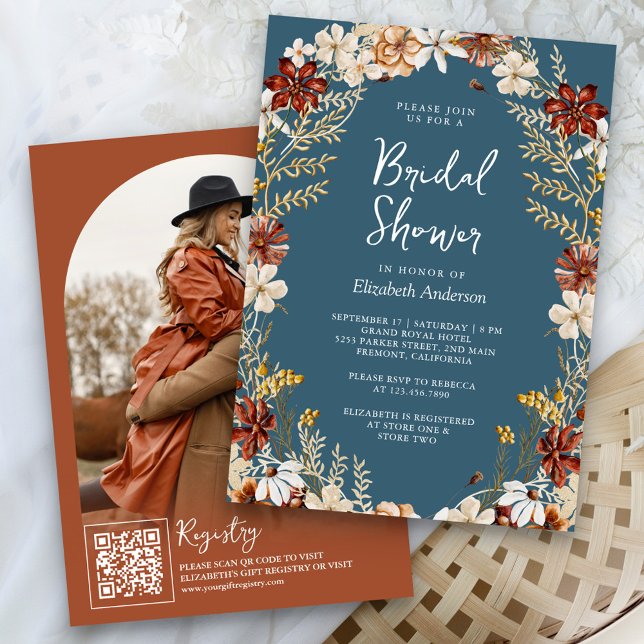 Terracotta Wildflower Dusty Blue Bridal Shower Invitation (Creator Uploaded)