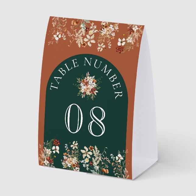 Terracotta Wildflower Emerald Wedding Table Number (Front)