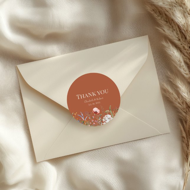 Terracotta Wildflower Meadow Thank You Sticker (Terracotta Wildflower Meadow Thank You Sticker on an elegant wedding envelope.)
