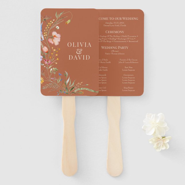 Terracotta Wildflower Meadow Wedding Program Hand Fan (Front and Back)