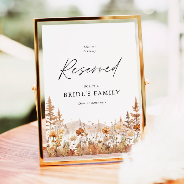Terracotta Wildflower Mountain Reserved Seat Sign (Terracotta wildflower mountain reserved wedding sign with elegant script for bride’s family seating)