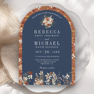 Terracotta Wildflower Navy Blue Arch Wedding Invitation