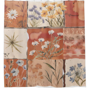 Terracotta Wildflower Patchwork Boho Rustic Spring Shower Curtain