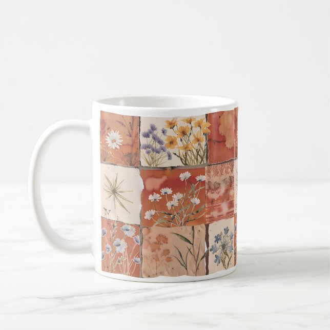 Terracotta Wildflower Patchwork Rustic Boho Spring Coffee Mug (Left)