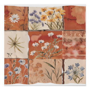 Terracotta Wildflower Patchwork Rustic Boho Spring Poster