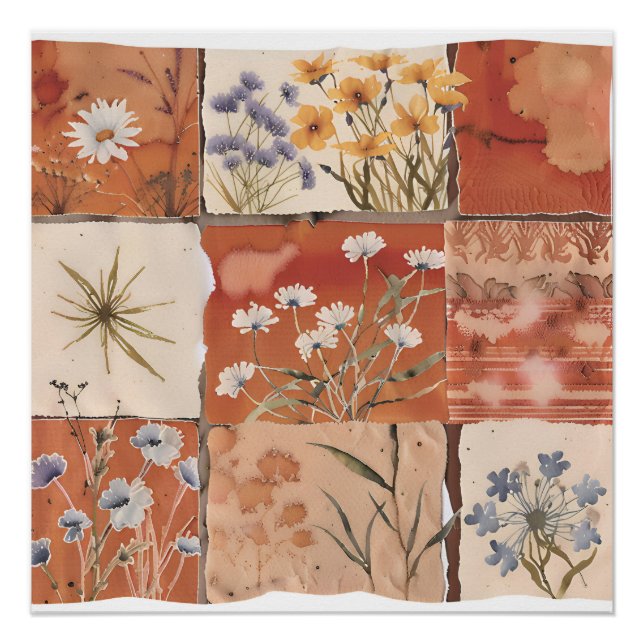 Terracotta Wildflower Patchwork Rustic Boho Spring Poster (Front)