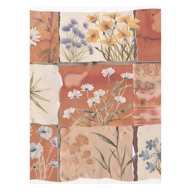 Terracotta Wildflower Patchwork Rustic Boho Spring Tablecloth (Front)