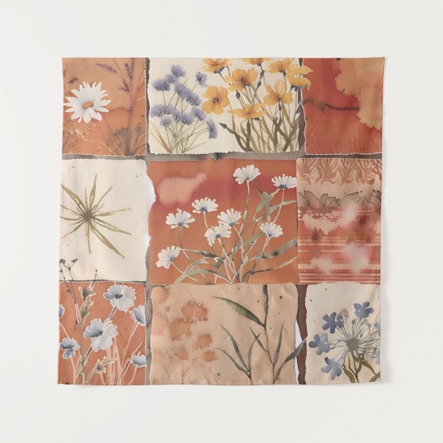 Terracotta Wildflower Patchwork Rustic Boho Spring Tapestry (Front)