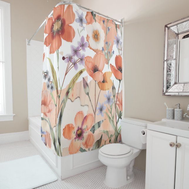 Terracotta Wildflower Rustic Boho Bathroom Decor Shower Curtain (In Situ)