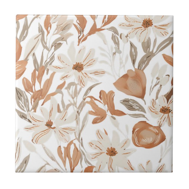 Terracotta Wildflower Rustic Boho Wall Accent  Ceramic Tile (Front)