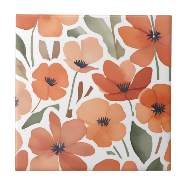 Terracotta Wildflower Rustic Boho Wall Accent Ceramic Tile (Front)