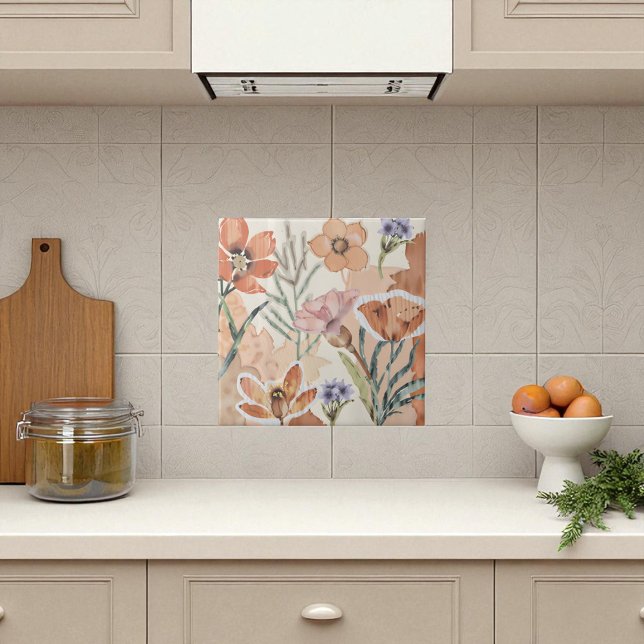 Terracotta Wildflower Rustic Boho Wall Accent  Ceramic Tile (Terracotta Wildflower Rustic Boho Wall Accent Ceramic Tile)