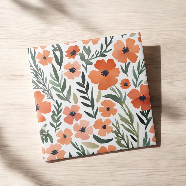 Terracotta Wildflower Rustic Boho Wall Accent Ceramic Tile (Creator Uploaded)
