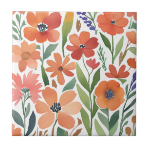 Terracotta Wildflower Rustic Boho Wall Accent  Ceramic Tile