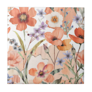 Terracotta Wildflower Rustic Boho Wall Accent Ceramic Tile