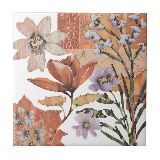 Terracotta Wildflower Rustic Boho Wall Accent  Ceramic Tile (Front)