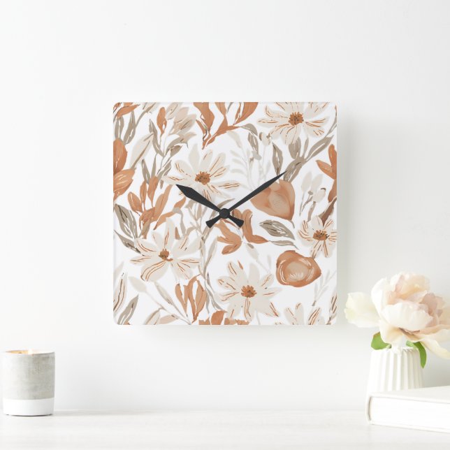 Terracotta Wildflower Rustic Boho Wall Accent Square Wall Clock (Home)