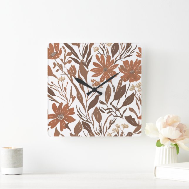 Terracotta Wildflower Rustic Boho Wall Accent Square Wall Clock (Home)