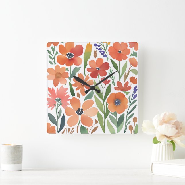 Terracotta Wildflower Rustic Boho Wall Accent Square Wall Clock (Home)