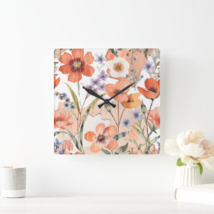 Terracotta Wildflower Rustic Boho Wall Accent Square Wall Clock