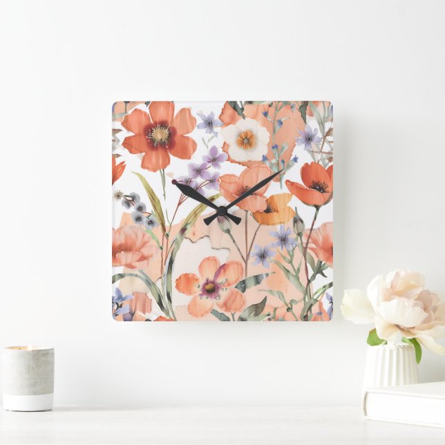 Terracotta Wildflower Rustic Boho Wall Accent Square Wall Clock (Home)