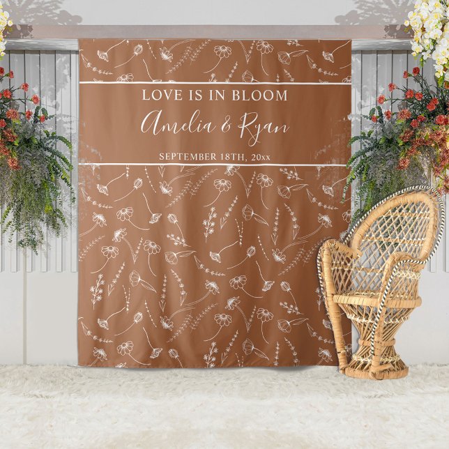 Terracotta Wildflower Sketch Wedding Backdrop Tapestry (Creator Uploaded)