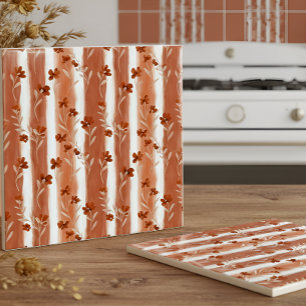 Terracotta Wildflower Vertical Stripe Boho Pattern Ceramic Tile
