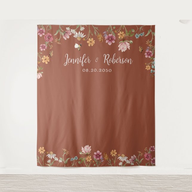 Terracotta Wildflower Wedding Backdrops Tapestry (Front)