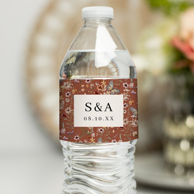 Terracotta Wildflower Wedding Water Bottle Label (Terracotta Wildflower Wedding Water Bottle Label Monogrammed by Painted Paperie
)