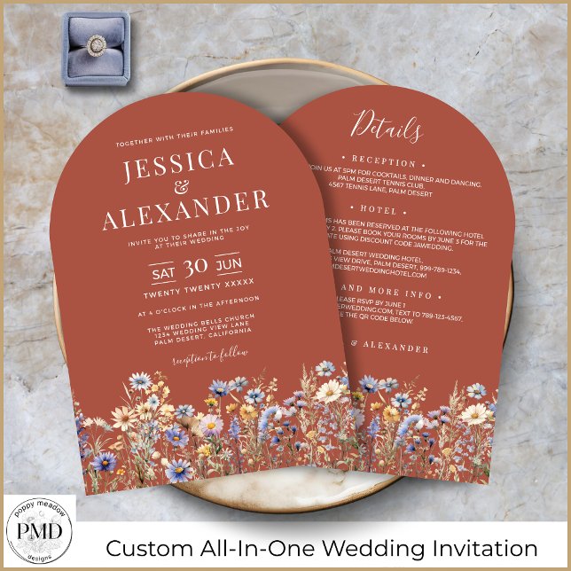 Terracotta Wildflowers All In One Elegant Wedding Invitation (Terracotta Watercolor Wildflowers Elegant Arch Wedding Invitation with Details on the Back.)