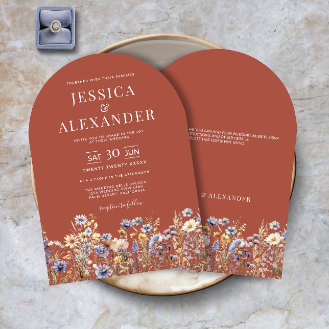 Terracotta Wildflowers Elegant Arch Wedding Invitation (Dusty Blue Wildflowers Elegant Terracotta Arch Wedding Invitation with Optional Info on Back.)