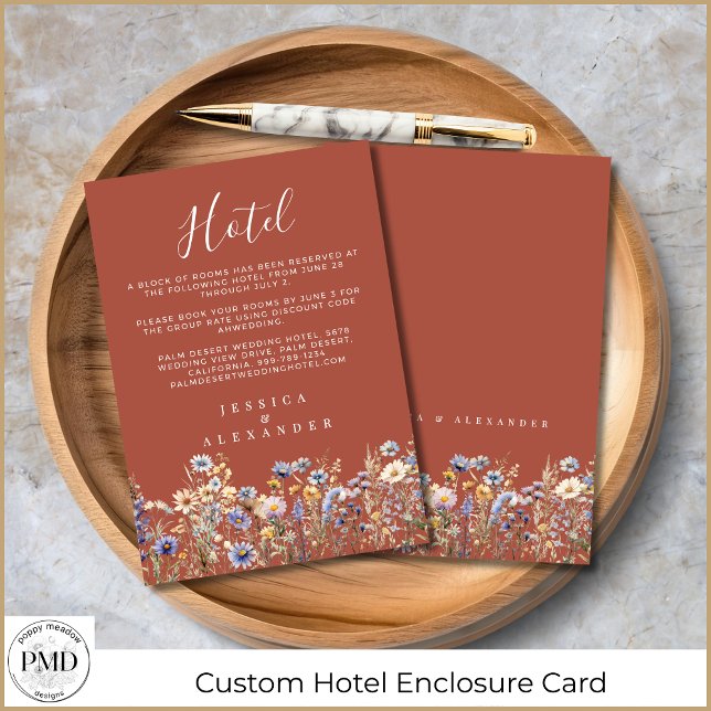 Terracotta Wildflowers Elegant Wedding Hotel Enclosure Card (Terracotta Wildflowers Elegant Wedding Hotel Enclosure Card with Dusty Blue Watercolor Wildflowers.)