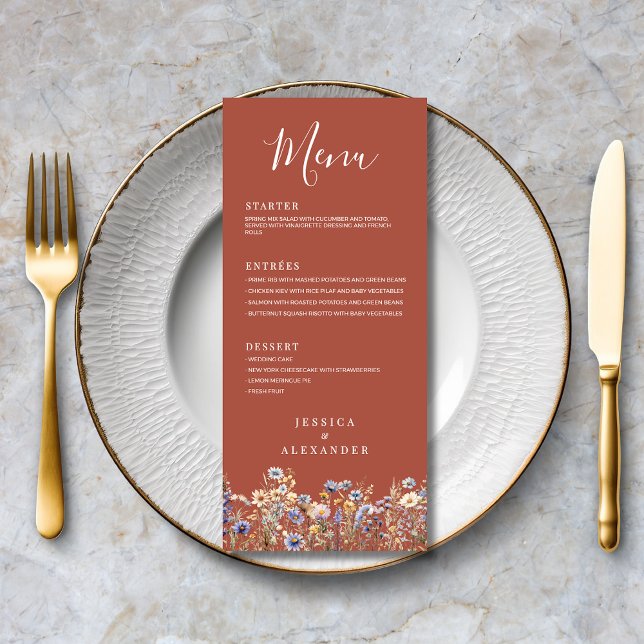 Terracotta Wildflowers Formal Elegant Wedding Menu (Dusty Blue Wildflowers Elegant Terracotta Wedding Menu with Course Options, Couple Names.)
