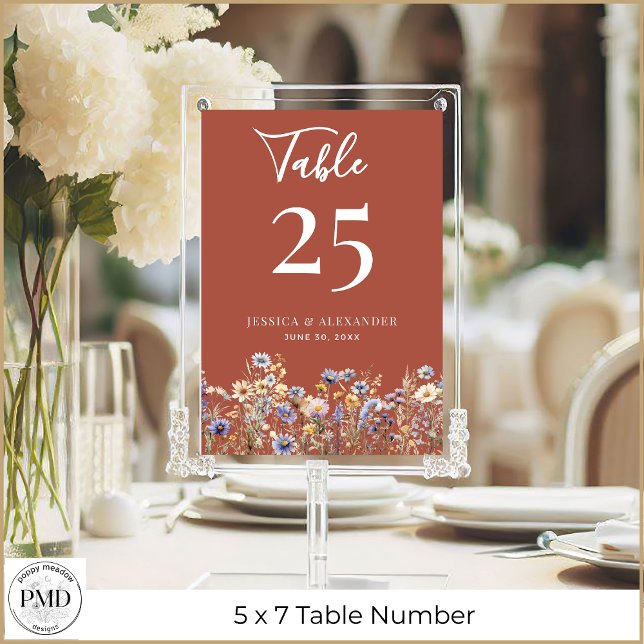 Terracotta Wildflowers Wedding 5x7 Table Number (Dusty Blue Wildflowers Terracotta 5x7 Wedding Table Number with Couple Names, Date.)