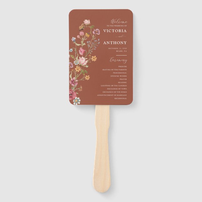 Terracotta Wildflowers Wedding Program Hand Fan (Front)