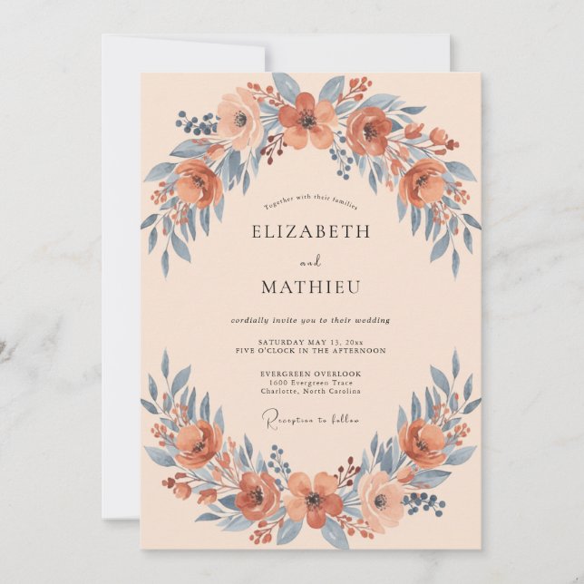 Terracotta Wreath Blossom Wedding Invitation (Front)
