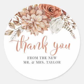 Terracottal Autumn Fall Floral Thank You Favour Classic Round Sticker